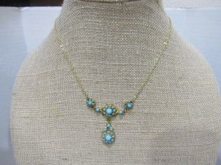 Org Art Deco Brass Filigree Turquoise Stone Necklace Lavalier Signed Czech (e)