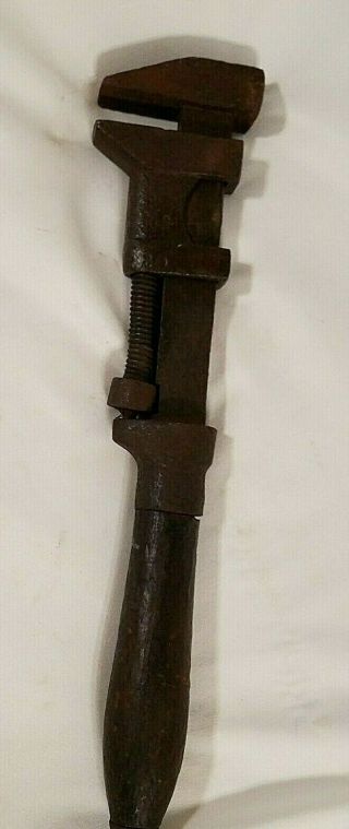 Vtg Railroad Pipe Adjustable Monkey Wrench Old Antique Tool Wood Handle 15 "