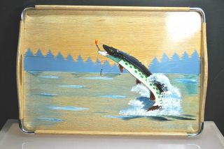 Vintage Hand Painted Wooden Serving Tray With Fish Jumping To Lure Fishing Sport