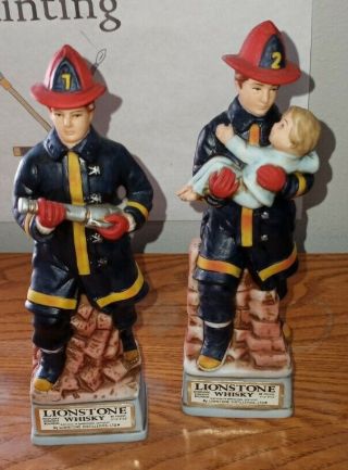 2 Vintage Lionstone Fireman Whiskey Decanters 6 Inches Tall