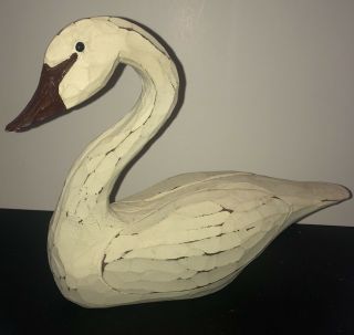 Vintage Hand Carved Wood Swan Distressed White Bird Carving 8 1/4” X 7 1/4” X 3”