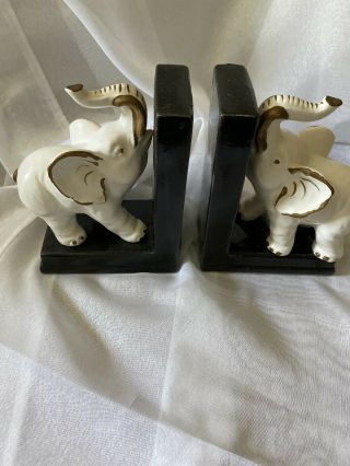 5 1/2” White W/gold Trim Ceramic Elephant Bookends - Vtg Marked Japan