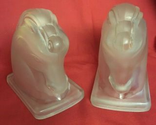 Pair Vintage Frosted Glass Crystal Horse Head Bust Bookends Mid Century Modern