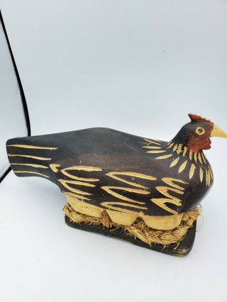 Vintage Folk Art Chicken Hen Wood Carved Sitting On Her Eggs Home Decor