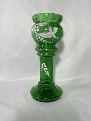 Vtg 8 3/4” Green Mary Gregory Hand Painted Cupid Cherub And Lily Of Valley