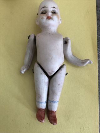 Antique 4 1/2” German All - Bisque Doll - Signed