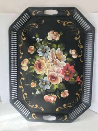 Vintage Toleware Floral Tole Heavy Metal Tray 17 " X 24 " Large