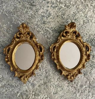 Vintage Mini Ornate Gold Frame Wall Mirrors Set Hollywood Regency Wood Decor