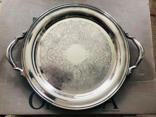Vintage Oneida 14.  5 " Round Silver - Plated Serving Tray With Ornate Handles