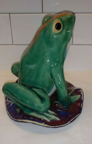 Vtg Heavygarden Glazed Ceramic Pottery Frog On Lily Pad Figure Signed/numbered