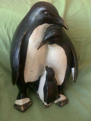 Vintage Folk Art Penguin Family Wood Carved Sculpture