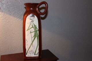 Vintage Lachman & Co Hand Painted Ceramic & Leather 12.  5 " Pitcher