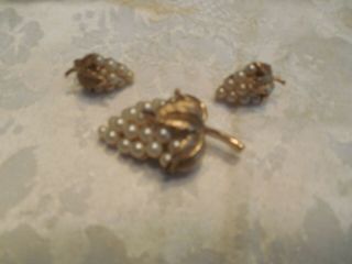 Vtg Crown Trifari Small Gold Tone And Pearl Leaf Design Brooch/pin & Earrings