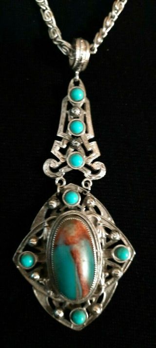 Vintage Whiting Davis Turquoise Chocolate 24 " Necklace And Huge Pendant