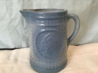 Rare Vintage Salt Glaze Stoneware Pitcher,  Indian Head Design