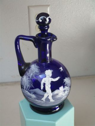 Vintage Cobalt Blue Mary Gregory Cruet 7 1/2 " Hand Painted Boy And Bird