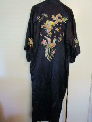 Vintage Chinese Black Silk Golden Dragon Phoenix Hand Embroidered Robe Kimono Xl