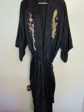 Vintage Chinese Black Silk Golden Dragon Phoenix Hand Embroidered Robe Kimono XL 2