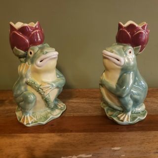 Pair Vintage Majolica Frog Ceramic Candle Holders Lotus Wanjiang China Signed