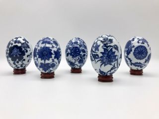 Vintage Bombay Company Ceramic Blue And White Eggs - Set Of 5 - With Stands