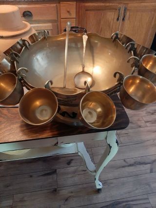Vintage Antique Brass Metal Punch Bowl Set 10 Cups Ladle And Stir Spoon
