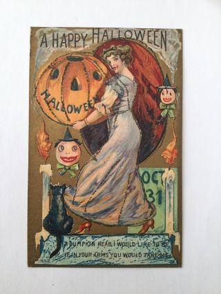 Vintage Halloween Postcard,  Woman Holds Jol,  A Happy Halloween,  Series 552