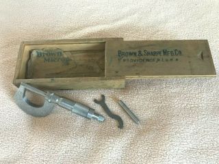 Vintage Brown & Sharpe 13b Micrometer In Wooden Case.  Stainless Steel 1 " W/wrench