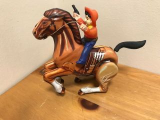 Horse And Cowboy Vintage Side Winder Tin Toy Daiya Brand Complete And