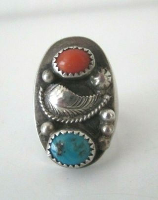 Old Pawn Navajo Sterling Silver Turquoise/coral Squash Ring Sz 10.  5 Vtg