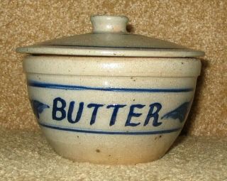 Vintage 1990 Rowe Pottery Salt Glazed Stoneware Butter Crock,  Lid,  Bowl