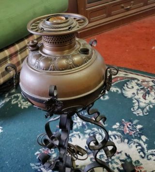 Rare Vintage Antique Copper Oil Lamp & Stand Wrought Iron Stand 22 " Fancy Early