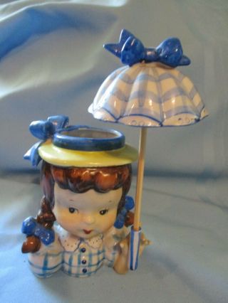 Vintage Napco Lady Head Vase Girl W Pigtails & Parasol Umbrella Blue Plaid Dress