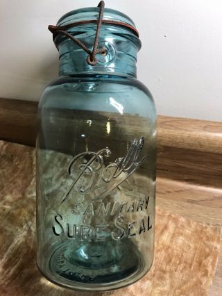 Vintage Ball Sanitary Sure Seal Embossed Aqua Blue Canning Jar (ab1125)