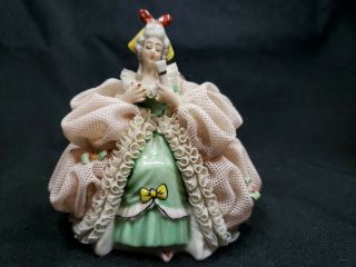 Dresden Lace Figurine Victorian Woman German Germany Vintage Holding Mirror.