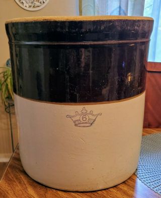 Vintage Antique Six 6 Gallon Crown Robinson Ransbottom Stoneware Crock