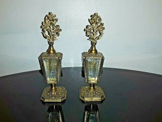Vintage Pair Ornate Gold Brass Metal & Glass Perfume Bottles W/ Dauber Stoppers