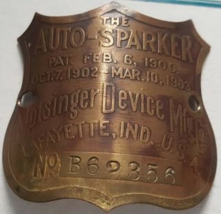 Antique Vintage Brass Motsinger Auto - Sparker Tag Nameplate Hit Miss
