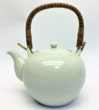 Vintage Omc Japan Otagiri White Porcelain Teapot Tea Pot With Rattan Handle