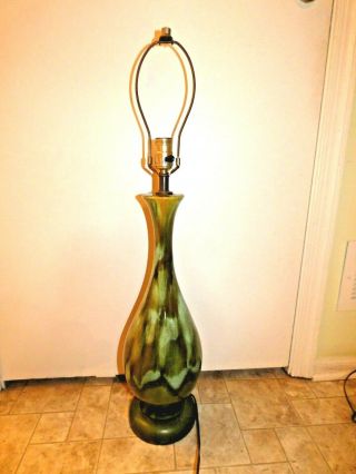 Vintage Mid - Century Modern Green Drip Glaze Ceramic Table Lamp Mcm Retro