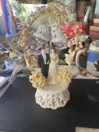 Vtg Bisque Bride & Groom Wedding Cake Topper Flowers & Bells 60 S Ornate Stand