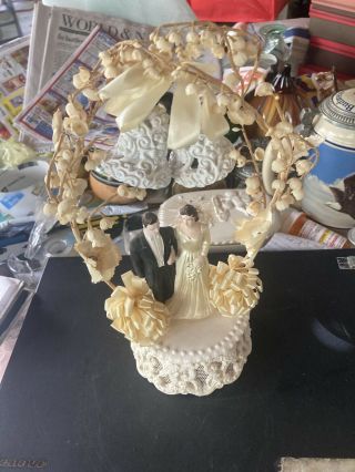 Vtg Bisque Bride & Groom Wedding Cake Topper Flowers & Bells 60 S Ornate Stand 2