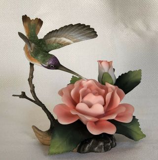 Vintage Andrea By Sadek “pink Rose With Hummingbird” Porcelain Figurine