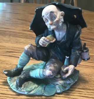 Vintage Capodimonte Figurine Italian Porcelain.  Tramp W/umbrella Hobo,  Signed