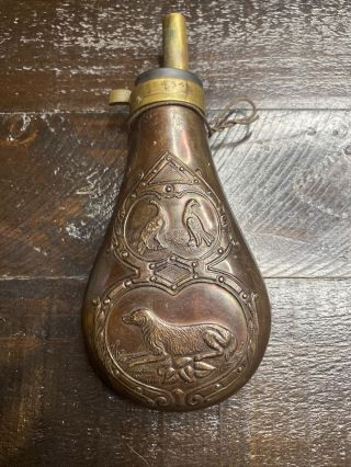 Vintage Gun Powder Flask Dog And Bird Design Antique Gun Powder Flask