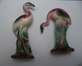 2 Vintage Mid Century Modern Ceramic Flamingos 7 Inch And 5.  5 Inch Unidentified