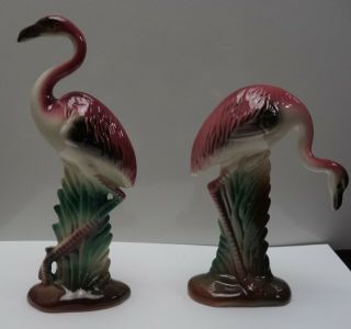 2 Vintage Mid Century Modern Ceramic Flamingos 7 inch and 5.  5 inch Unidentified 2