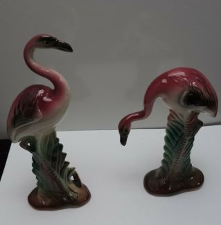 2 Vintage Mid Century Modern Ceramic Flamingos 7 inch and 5.  5 inch Unidentified 3