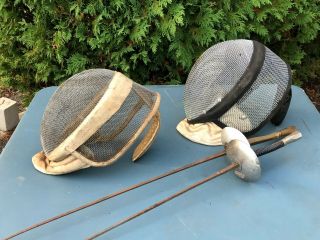Vintage Pair Fencing Masks / Helmets & Swords / Grasson Foils - Early Set