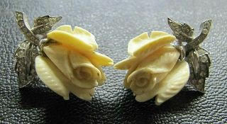 Vintage Signed Boucher Faux Ivory Carved Rose Flower Clipon Earrings Silver Tone