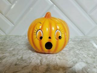 Vintage Halloween Planter Holland Ceramic Pumpkin Jack O Lantern Face Eyelashes